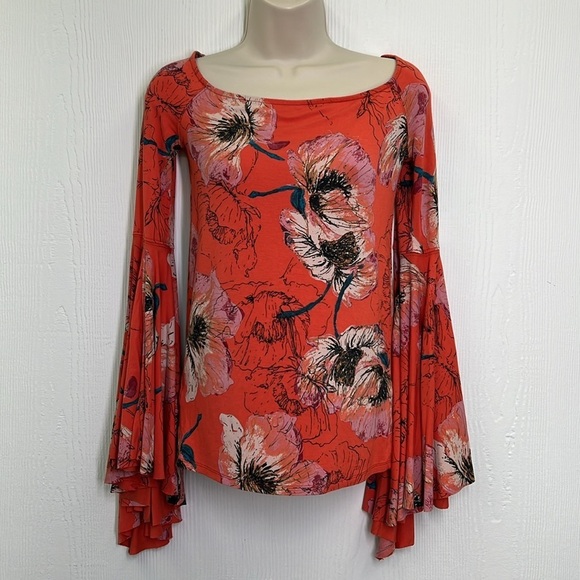 Free People - Birds Of Paradise Boho Floral Off Shoulder Bell Sleeves Top Small - Picture 2 of 11